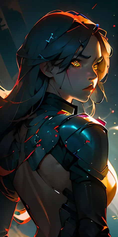 (Best quality, the masterpiece), 1 girl, cyberpunk, particle, wind, looks at the viewer, rear light, Upper body, outside, dark flowing hair and yellow eyes, A soulless expression on his face, Poker face