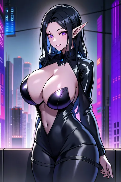 long black hair, blue skin, long elf ears, violet eyes, solo, smiling, standing, upper body, hips, gigantic breasts