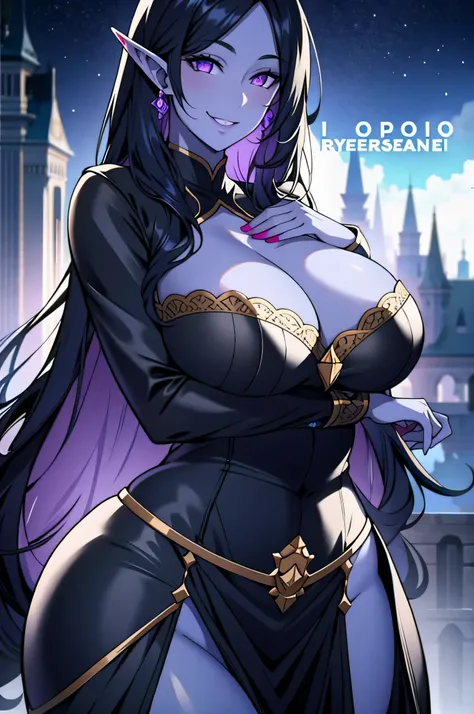 long black hair, blue skin, long elf ears, violet eyes, solo, smiling, standing, upper body, hips, gigantic breasts