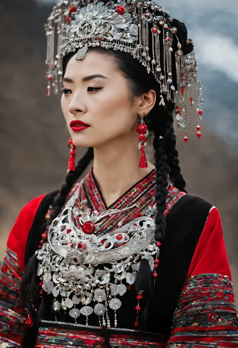 l&#39;image montre une femme chinoise portant un ensemble ethnique traditionnel de la province du guizhou.. elle est vêtue d&#39...