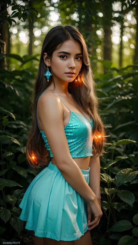 Beautiful realistic girl with BRIGHT WHITE-BLUE long hair ,Close-up of clean skin with detailed skin ,full length,in a short miniskirt,on an orange background ,Against the background of the starry sky,bright makeup,EARRINGS WITH GLITTERS,two-leaf gray flow...