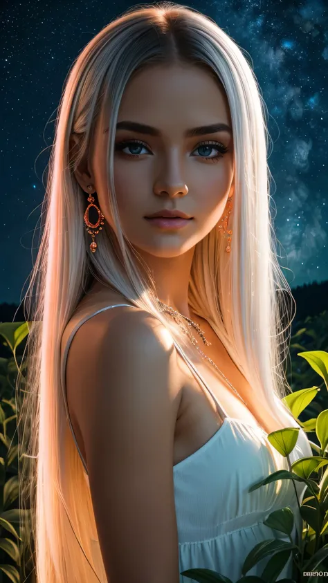 Beautiful realistic girl with BRIGHT WHITE-BLUE long hair ,Close-up of clean skin with detailed skin ,full length,in a short miniskirt,on an orange background ,Against the background of the starry sky,bright makeup,EARRINGS WITH GLITTERS,two-leaf gray flow...