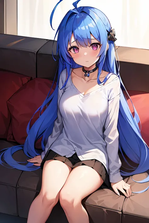 1girl,solo,helena (azur lane),blue_hair,very_long_hair,ahoge,purple_eyes,bangs,collarbone,blush,sidelocks,hair_between_eyes, casual outfit, oversized shirt, blue shirt, bare legs, hair ornament, sitting, on sofa, on cushions