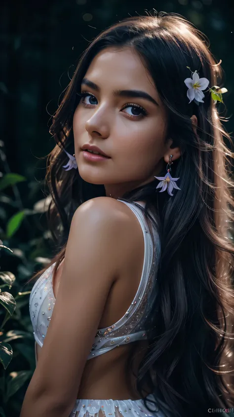 Beautiful realistic girl with BRIGHT WHITE-BLUE long hair ,Close-up of clean skin with detailed skin ,full length,in a short miniskirt,on an orange background ,Against the background of the starry sky,bright makeup,EARRINGS WITH GLITTERS,two-leaf gray flow...