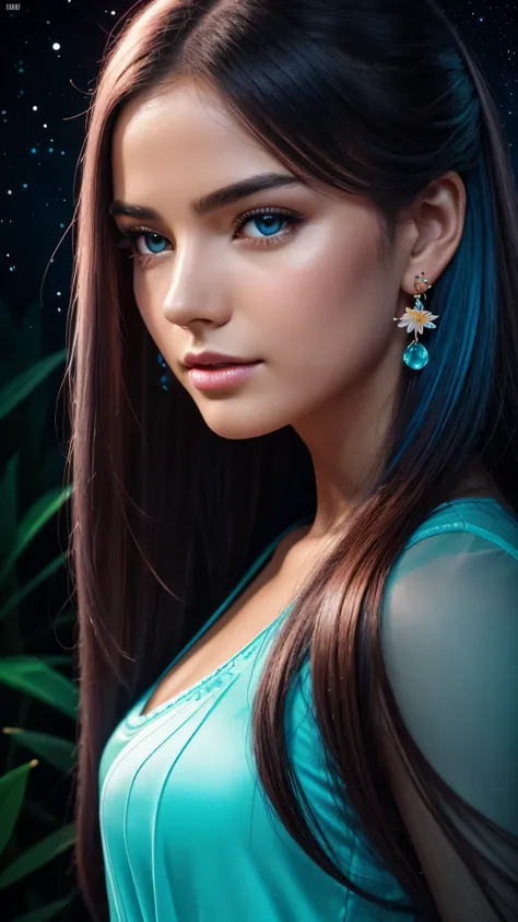 Beautiful realistic girl with BRIGHT WHITE-BLUE long hair ,Close-up of clean skin with detailed skin ,full length,in a short miniskirt,on an orange background ,Against the background of the starry sky,bright makeup,EARRINGS WITH GLITTERS,two-leaf gray flow...