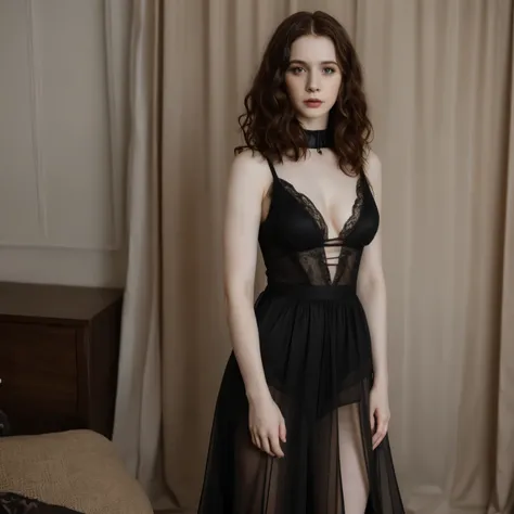 Sophia Lillis, big body, pale skin, long wavy hair, cleavage, goth makeup, standing, sheer dress