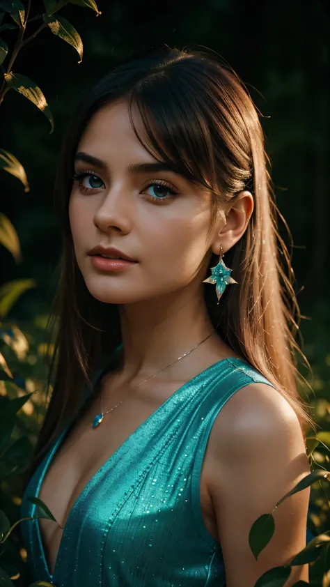 Beautiful realistic girl with BRIGHT WHITE-BLUE long hair ,Close-up of clean skin with detailed skin ,full length,in a short miniskirt,on an orange background ,Against the background of the starry sky,bright makeup,EARRINGS WITH GLITTERS,two-leaf gray flow...