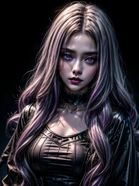 Hollywood movie protagonist。White and purple hair。semi-long。black clothes。black and purple skirt。Skullchoker。purple lip makeup。美しいwhite woman。messy hair。dark impression。serious expression。evil atmosphere。Shi Ren。have a lot of hair。long sleeve clothes。holly...