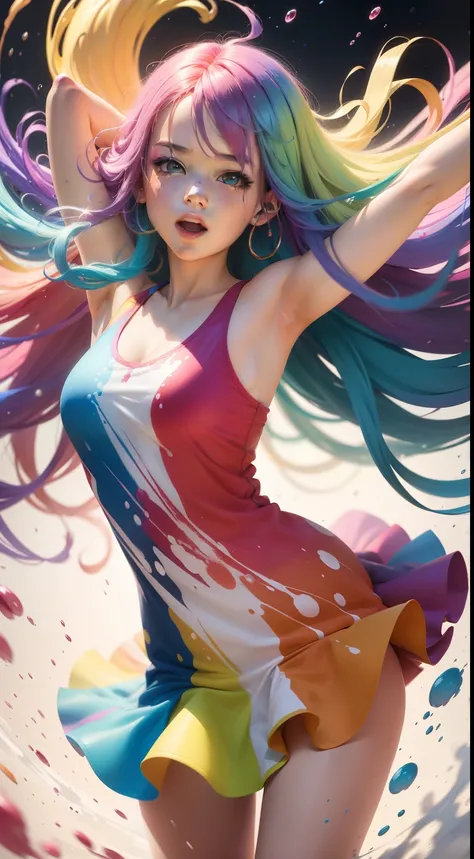 girl with colorful hair,spinning girl,colorful rainbow style dress,splashing colorful paints on white background,illustration,extraordinary vivid colors,ultra-detailed,physically-based rendering,professional,portrait style,energetic,joyful expression,aston...