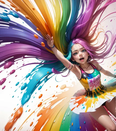 girl with colorful hair, spinning girl, wearing colorful rainbow style dress, splashing colorful paints on white background, background splash