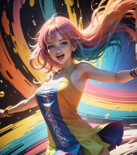 (best quality,4k,8k,highres,masterpiece:1.2),ultra-detailed,(realistic,photorealistic,photo-realistic:1.37), colorful haired girl, spinning girl, wearing vibrant rainbow-style dress, splashing vibrant paints on a pristine white background, background splas...