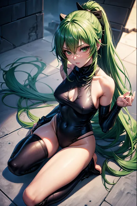 a sexy woman wear ninja , ninja outfit, on a tower, fog, soft light, (best quality), (masterpiece), slim, long legs, (flat chested), anime, (green hair), (kneeling), (spreading legs), (view from above)
