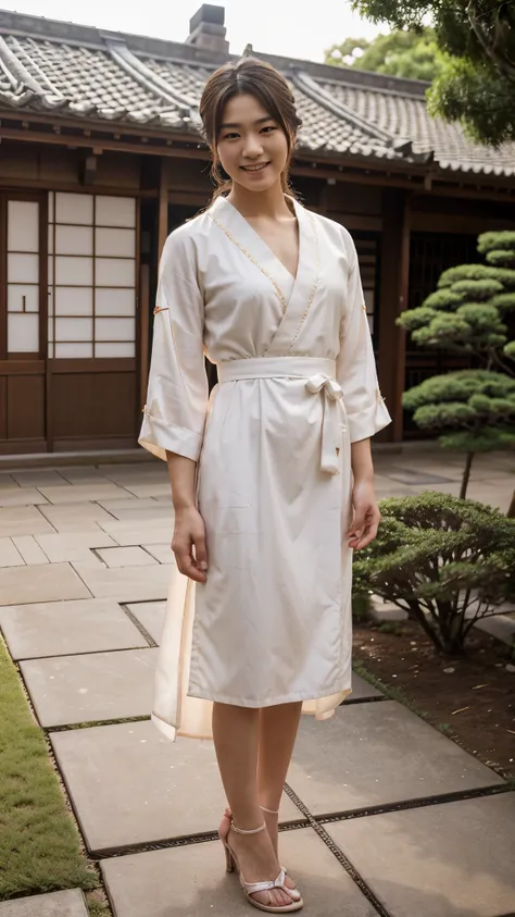 A japanese man with detailed masculine face features and delicate figures crossdressing as a woman wearing a traditional long house dress and heels standing in a house yard in feminine pose, cute gestures, and cute smile with blushing cheeks, his body is f...