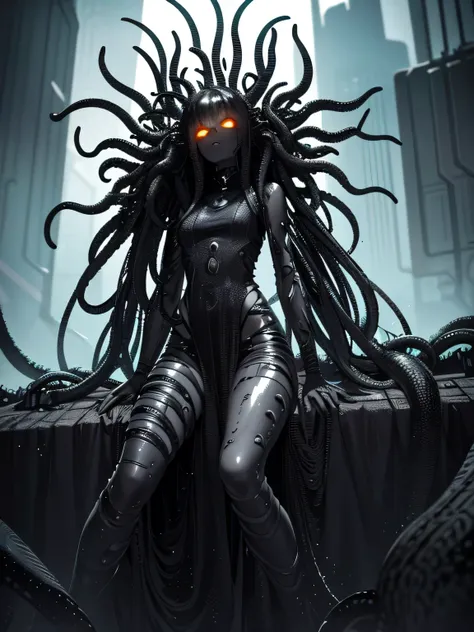 ((dark biopunk horror atmosphere tentacles)), ((beautiful girl in biopunk style)), (dark gray skin), helmet-cage, biopunk clothing, glossy skin, open belly, lip piercing, sitting on a slime-covered steel beam, biopunk mountains, tentacles, cold lighting, a...