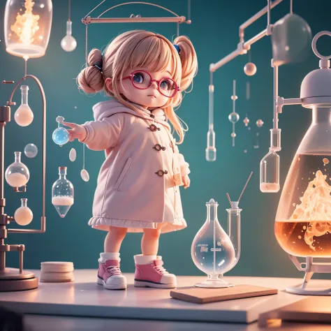 Cute Baby Chibi Anime, Create a series of cute chibi dolls, Ela tem (cabelos curtos e pretos), loves science realistic details, usa ROUND NERD glasses, "dresses in pink coat and cute fashionable nike style sneakers( rosa azul e branco)", chibi fez uma desc...