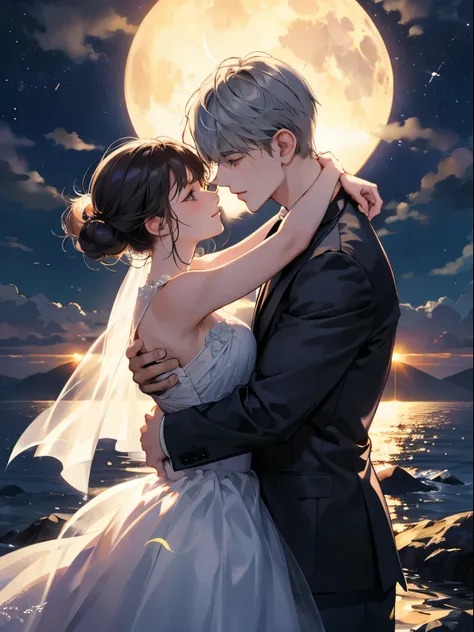 night，Rays of moonlight，couple，hug