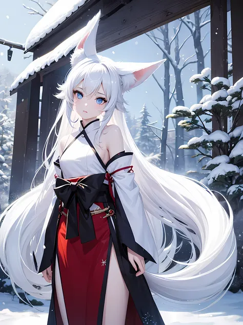 1 girl, kitsune, white fox ears, White fox tail, pale skin, nature,  physique, bright blue eyes, long white hair, A curious face, bare feet, Looking at the camera, cowboy shot, , Snow field background