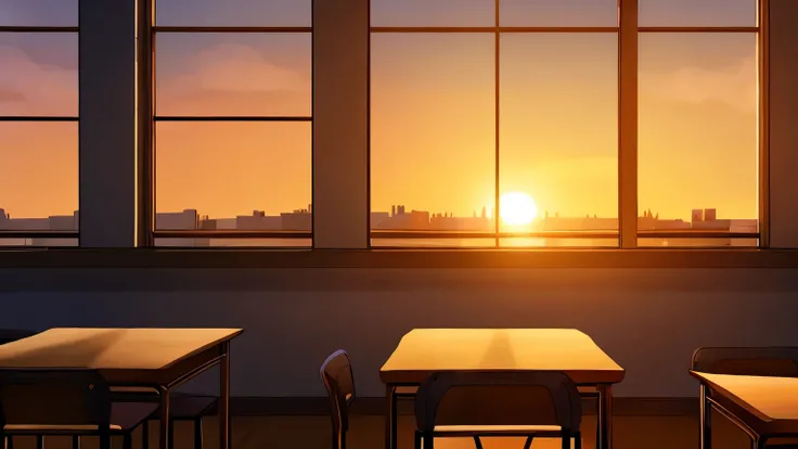 classroom, sunset, room with window, empty classroom