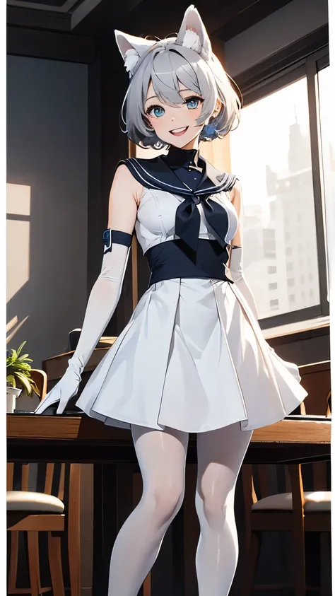 table top　High level image quality　best image quality　8k　 adult woman　portrait　white long gloves（elbow gloves）　white pantyhose　sailor suit（Sleeveless mini skirt　white wolf ears　short hair（（shortcut）（gray hair）（perm）（fluffy））　eye color is blue　attractive fa...