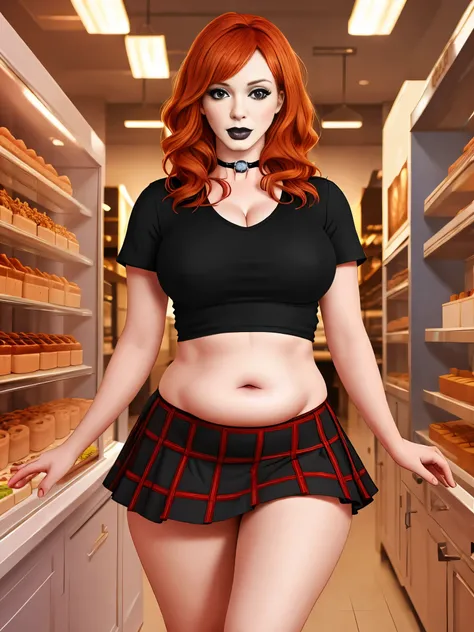 Christina Hendricks, masterpiece quality, realistic, lots of detail, studio lighting, 1girl, solo, alone, (alone:1.9), in a bakery, lots of cake in background, lots of dessert in background, wearing school uniform, wearing black lipstick, wearing black eye...