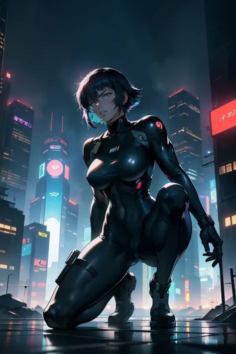 Cinematic Still of Motoko Kusanagi from Ghost in the Shell, wearing her sleek body suit and carrying her iconic cyborg weapon, a squatting position ready to leap onto the rooftop of a towering skyscraper bathed in the vibrant glow of neon city lights. (Bes...