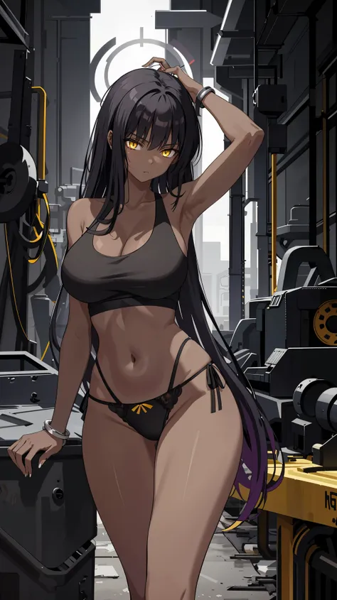 masterpiece, best quality, high resolution, 1 woman, black skin , black hair , yellow eyes , black tank top , underwear , abdome...