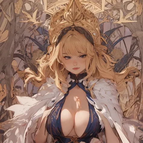 (high definition symmetrical image), aerial angle, ((Art Nouveau, female, round face, smiling, small breasts, focus on breasts)), drooping eyes, blush, blond, braid, complex designed breasts, 