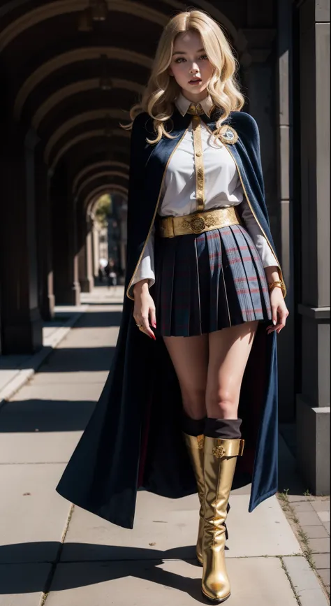 (blonde) blonde thick long curly hair,((dark blue)) cape) (velvet), ((gold trim, sleeve patch)), ((red)) plaid pleated skirt, (d...