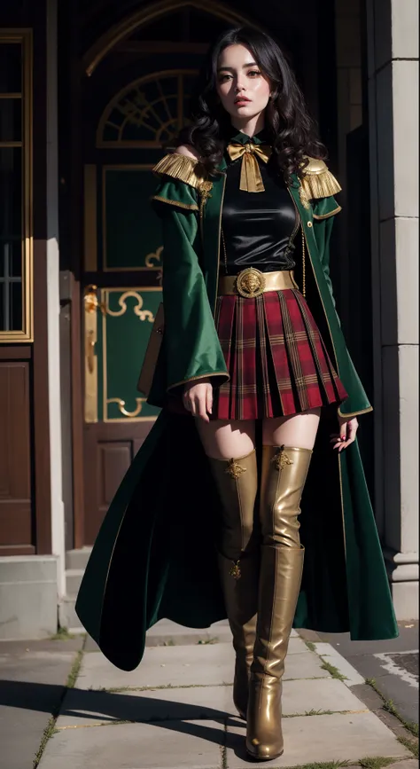 ((green)) raincoat) (velvet), (((gold trim, sleeve patch))), ((red)) plaid pleated skirt, (brown) ((boots)), (black) thick long ...