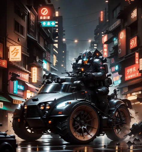 An imposing black and shiny Van armed with missiles and machine guns with chrome finish. The headlights are all on and on and the street is dominated by retrofuturistic Japanese buildings, brightly lit and with reflections all over the street on a rainy an...