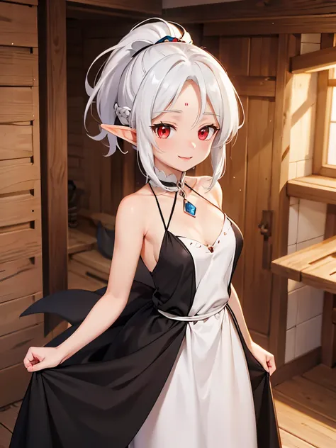 Elf, tan, white hair, red eyes, ponytail, short, long black gown, happy, gem in forehead, cabin, medium breast, mature, 18+, bangs