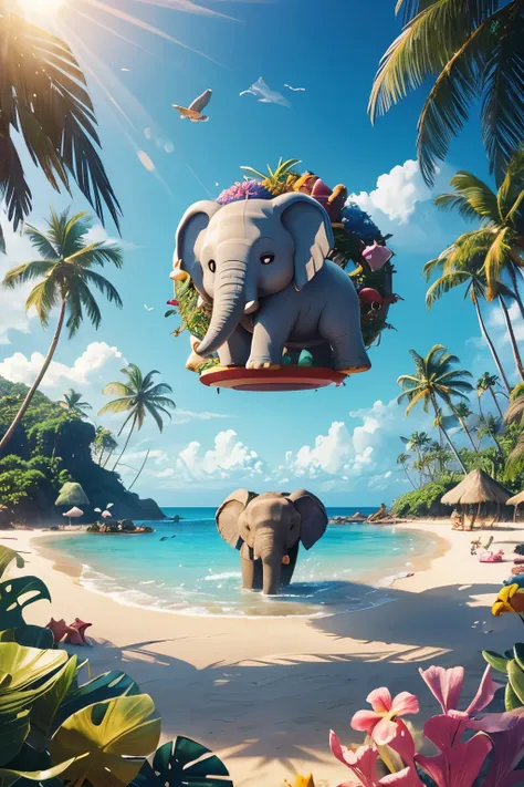 fluffy baby elephant staying on a little island, he is taking a shower, surrounded by a circle of curious and colorful tropical birds, under the radiant morning sun at the beach of a little island, Pixar 3D.