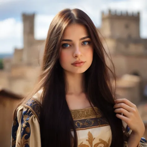 Arafed woman with long brown hair and blue eyes wearing a medieval dress., estilo medieval, pale skin persian girl, anna nikonova aka newmilky, foto de una mujer hermosa, chica ucraniana, princesa medieval, Hermoso retrato image, mujer hermosa, very Hermos...