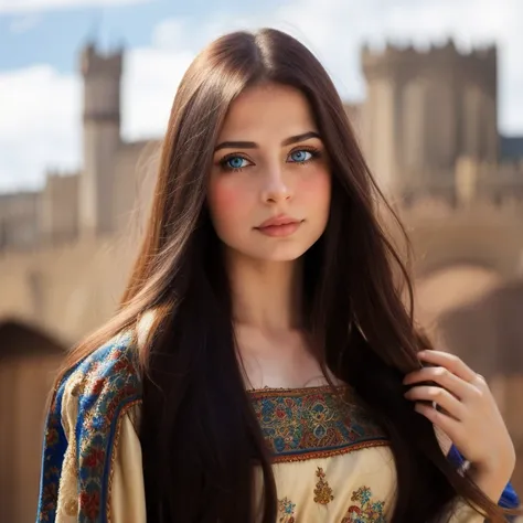 arafed woman with long brown hair and blue eyes wearing a medieval dress.., estilo medieval, pale skin persian girl, anna nikono...