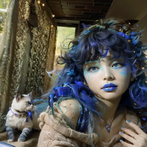 araffe com cabelo azul and blue makeup and a cat, com pele azul, girl com cabelo azul, com cabelo azul, messy blue hair, pretty girl com cabelo azul, inspirado em Cindy Sherman, inspirado em David LaChapelle, linda garota de cabelo azul, flowing blue hair,...