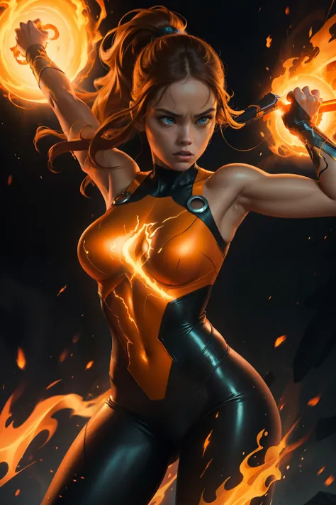 Create a breathtaking masterpiece showcasing a beautiful girl unleashing her fiery superpowers, reminiscent of a modern-day Rembrandts graceful portraits, harmoniously blending beauty and power. Imagine her as a captivating fusion of the Human Torch from t...