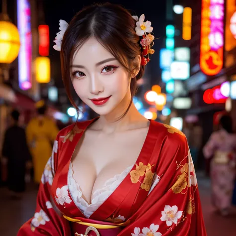 ((highest quality、8K resolution、master masterpiece、professional photography)), beautiful prostitute courtesan、(Walking through the entertainment district at night:1.1)、(Show off your small breasts and seduce me:1.1)、(The moodiest and obscene red light dist...