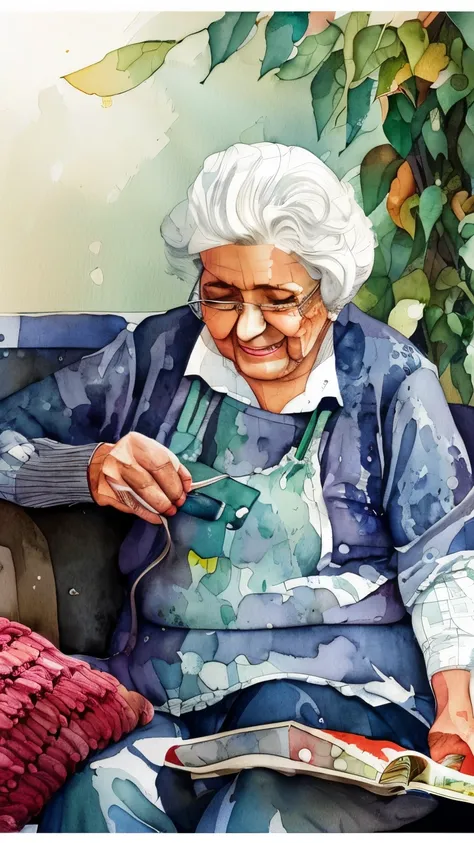 front shot of an adorable smily and dark grey haired hispanic old lady knitting in the couch, livingroom, watercolor style, watercolor painting, masterpiece, master piece, perfect composition, professional strokes