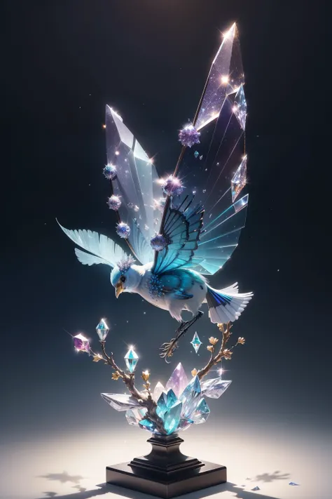 In the exquisitely detailed shot, an iridescent crystal sculpture takes the form of a European robin perched gracefully on a crystal tree branch. Known as a symbol of new beginnings and good fortune, this vibrant figure is often linked to the arrival of sp...