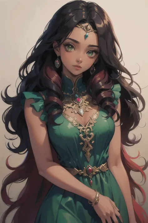 ((best quality)), ((masterpiece)), (detailed), perfect face, female, long hair, curly hair, black hair, red tinted hair, fantasy princess, gemstone diadem, elaborate dress, Mexican inspired dress, purple dress, green dress, red dress, dark skin, hazel eyes