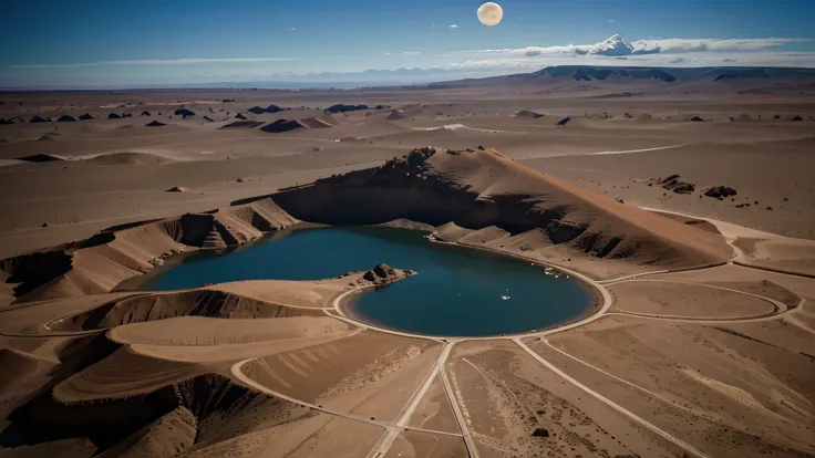 Aerial images of the Atacama Desert, vasto y silencioso, seguidas por la superficie lunar, igualmente desolada pero majestuosa. la musica es ambiental, ethereal, con toques de instrumentos andinos mezclados con sonidos sintetizados, evoking a sense of wond...