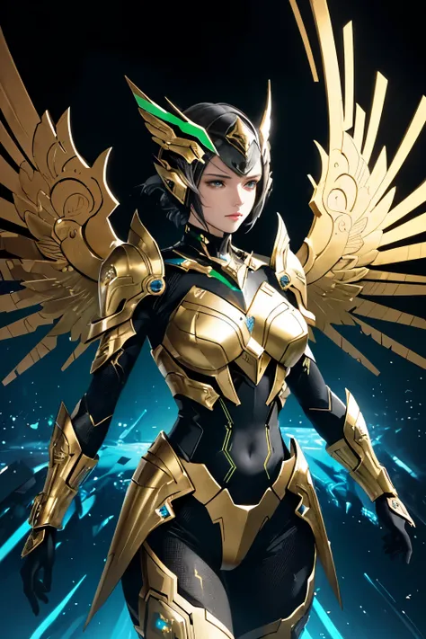 masterpiece, futuristic, metallic wings, metallic suit, green, gold, red, imposing figure, black background, highest detailed, beautiful and aesthetic, 9:16, ultra detailed, gorgeously crafted, intricately designed, shimmering metallic textures, dynamic po...