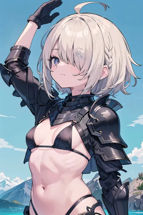 masterpiece, mountainous horizon　Upper body, black robe, (((((black bikini armor))))), nsfw,　, 1 girl, blonde, Ruby Eye, ((((((hair over one eye,)))))), Braidスタイル, spike hair, dull bangs, bob hair, Braid, Ahoge, cute eyes　looking at the viewer　From the sid...