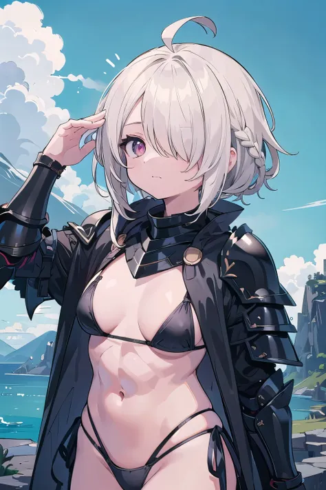 masterpiece, mountainous horizon　Upper body, black robe, (((((black bikini armor))))), nsfw,　, 1 girl, blonde, Ruby Eye, ((((((hair over one eye,)))))), Braidスタイル, spike hair, dull bangs, bob hair, Braid, Ahoge, cute eyes　looking at the viewer　From the sid...