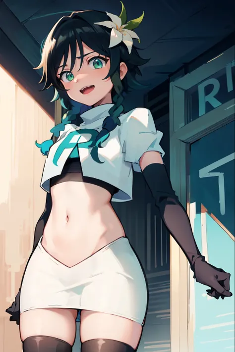 absurdres,venti,1boy, male focus, trap,black hair, green-blue hair, hair braid,hair flower,aqua green eyes,crossdressing,1boy,team rocket,team rocket uniform,white skirt,red letter R,crop top,black thigh-highs,black elbow gloves, laughing,happy, blush