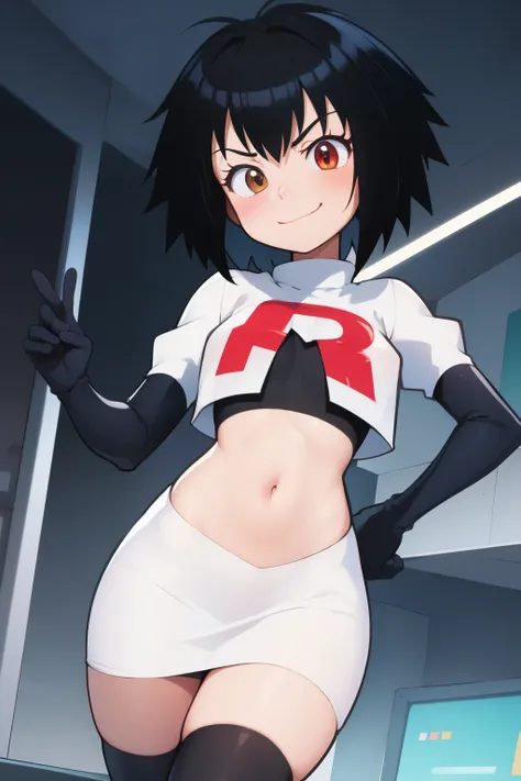 masterpiece, best quality, peni parker ,smug smile  ,team rocket,team rocket uniform,white skirt,red letter r,crop top,black thi...