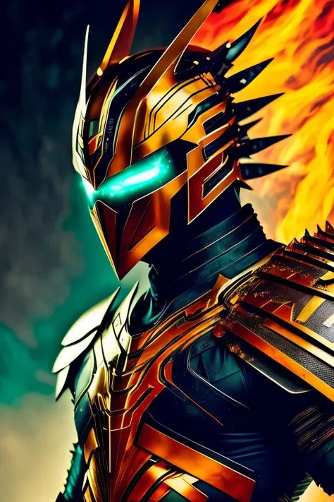 A futuristic warrior, clad in a metallic suit adorned with fiery blades, stands boldly against a backdrop of inky blackness. The suits colors gleam with an otherworldly radiance: vibrant green hues intermingle with golden accents, and flashes of fiery red ...