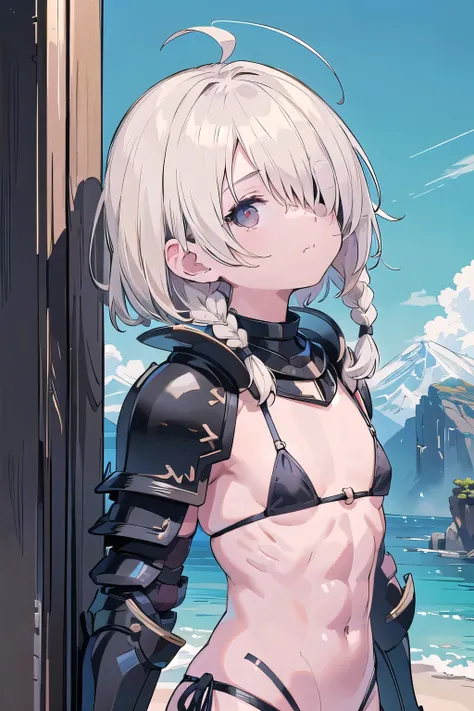 masterpiece, mountainous horizon　Upper body, black robe, (((((black bikini armor))))), nsfw,　, 1 boy, blonde, Ruby Eye, ((((((hair over one eye,)))))), Braidスタイル, spike hair, dull bangs, bob hair, Braid, Ahoge, cute eyes　looking at the viewer　From the side...