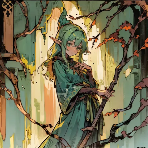 Green haired elf, mage, wooden branch, nervous, shy(detailed) 