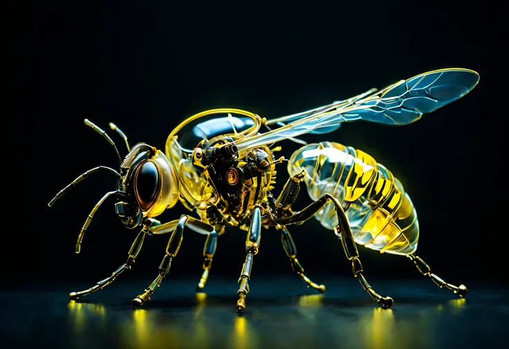 whole body, Pure black background, The combination of biology and machinery, transparent mechanical bee, The internal structure is complex and precise, glowing neon light